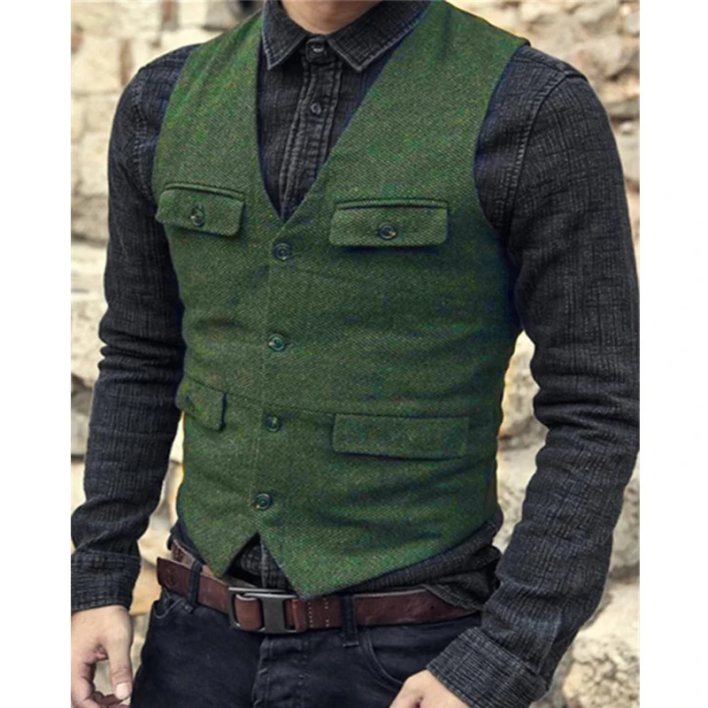 Suit Vest Brown Burgundy Herringbone Wool Tweed Vintage Steampunk Waistcoat Formal Business Vests For Men Wedding 240615
