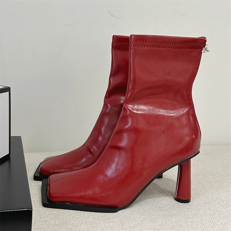 Eilyken Autumn Cozy Soft PU Leather Ankle Boots Women Elegant Square Toe Stiletto Heels Fashion Zip Ladies Party Modern Shoes 240624