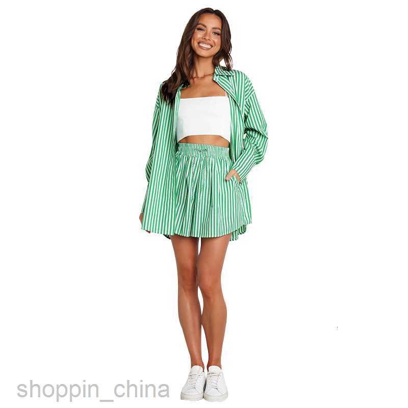 Women's Tracksuits Spring and summer temperament commuter casual pants set fashion women's shirt stripe long sleeve split two piece set Sets