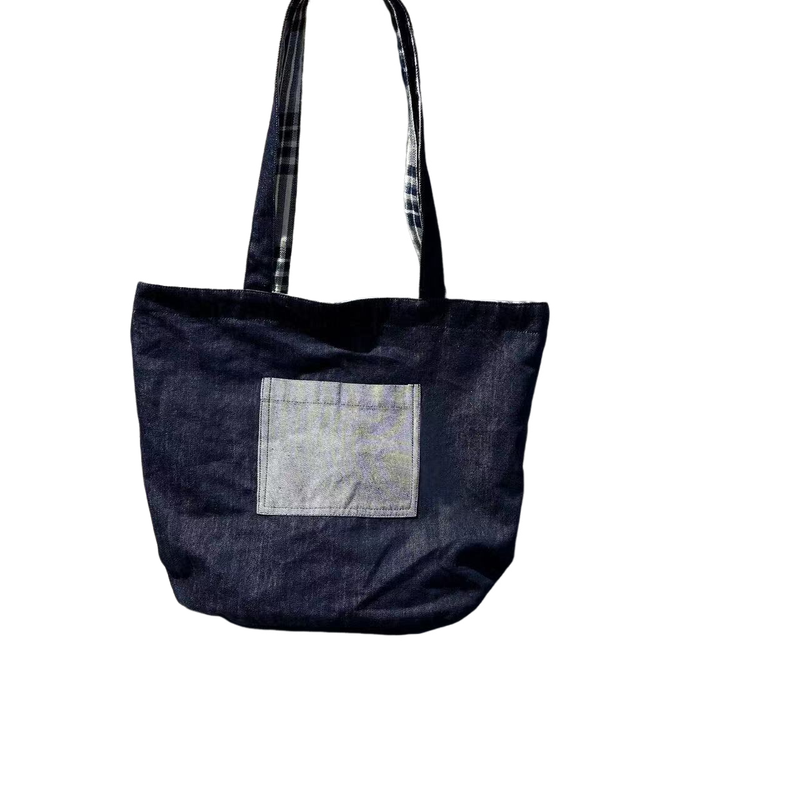 A niche design Korean trendy new denim plaid patchwork double-sided tote shoulder bag with minimalist ins versatile large capacity handbag