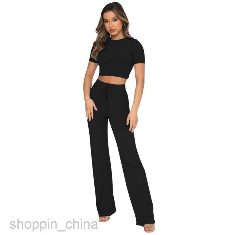 Women's Tracksuits New fashion leisure suit women's solid color high elastic body shaping short sleeve pit strip wide leg pants two-piece se