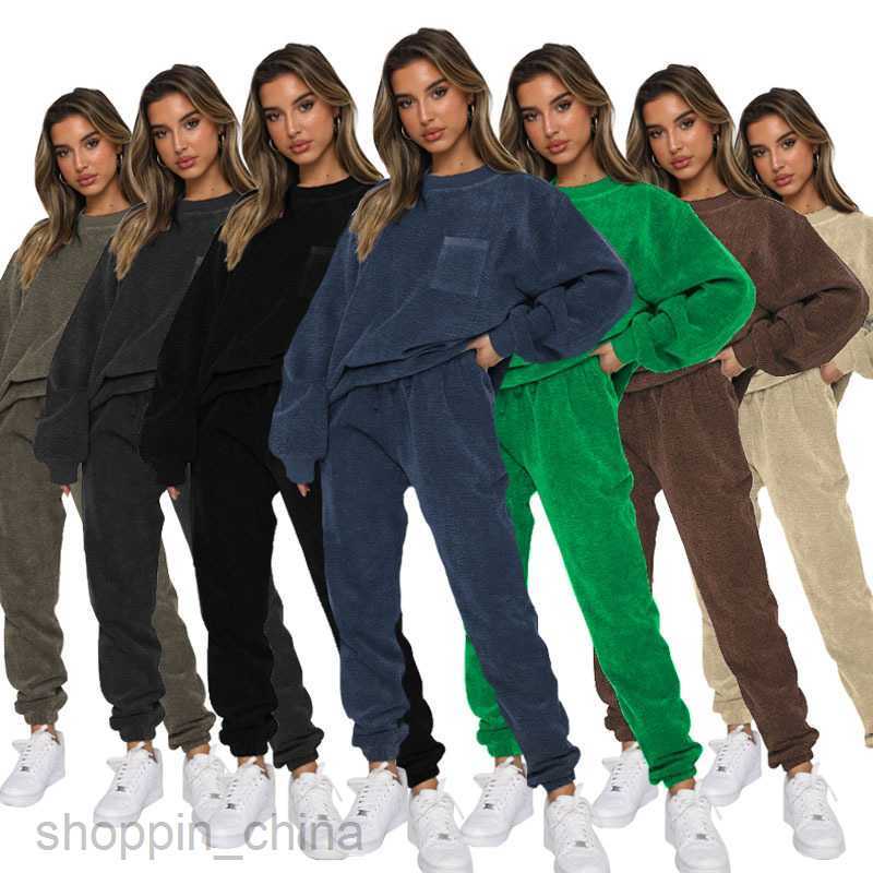 Women's Tracksuits Autumn and Winter New Corduroy Solid Round Neck Pullover Long Sleeve Two Piece Fashion Pants Set Women Sets
