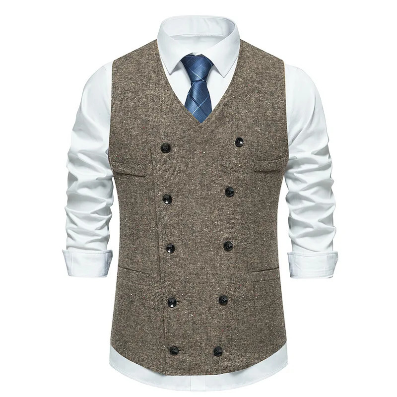 #4866 Autumn Winter Mens Vest Double Breasted Sleeveless Mens Blazer Vest Slim Fit Vintage Office Mens Waistcoat Split Joint 240615