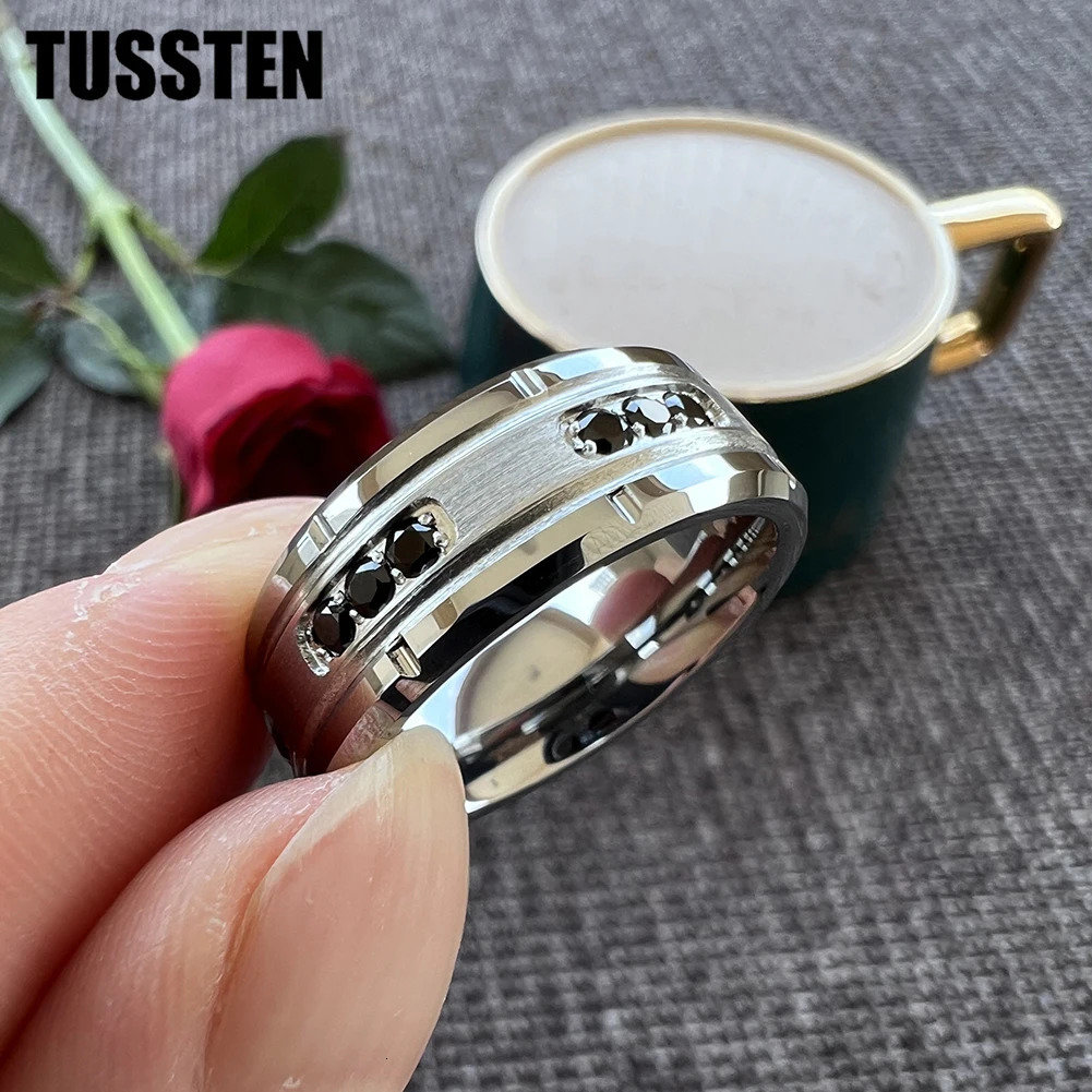 TUSSTEN 8MM Cool Mens Promise Wedding Band Tungsten Steel Combination Rings For Boyfriend Husband Black CZ Inlay Arrivals 240624