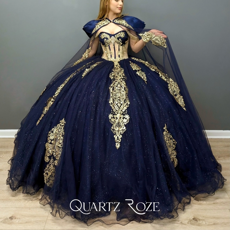 Navy Blue Shinby Ball Gown Quinceanera Dress With Cape Sequined Gold Appliques Lace Beads Crystal Tull Vestidos De 15 Anos