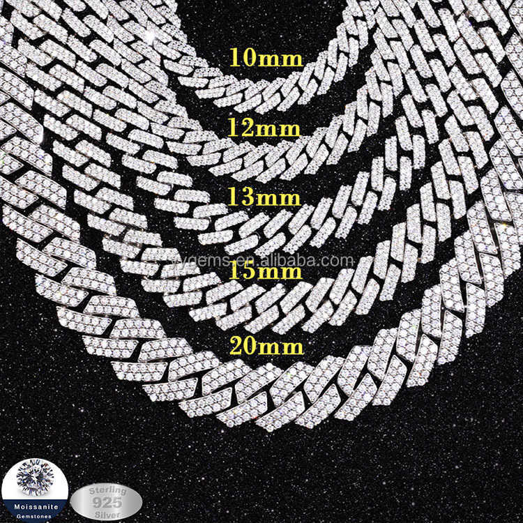 design 2rows 8mm-15mm VVS Moissanite Dia Chain S Sterg Sier Cuban k for men hiphop fine jewlery necklaces