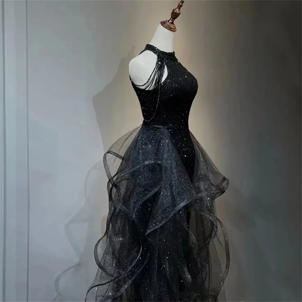 Long Prom Dresses Sexy Black Jewel Sequins Beading Tulle Ball Gown Plus Size Formal Occasion Evening Party Gown Pd25