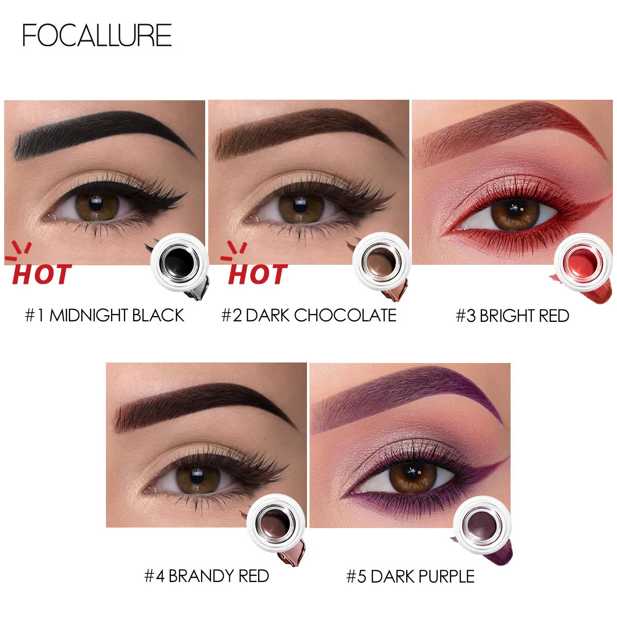 FOCALLURE 5 Color Eyebrow Pomade Eyebrow Eyeliner Gel Waterproof Long-lasting Creamy Texture Tinted Sculpted Brow Gel with Brush 240625