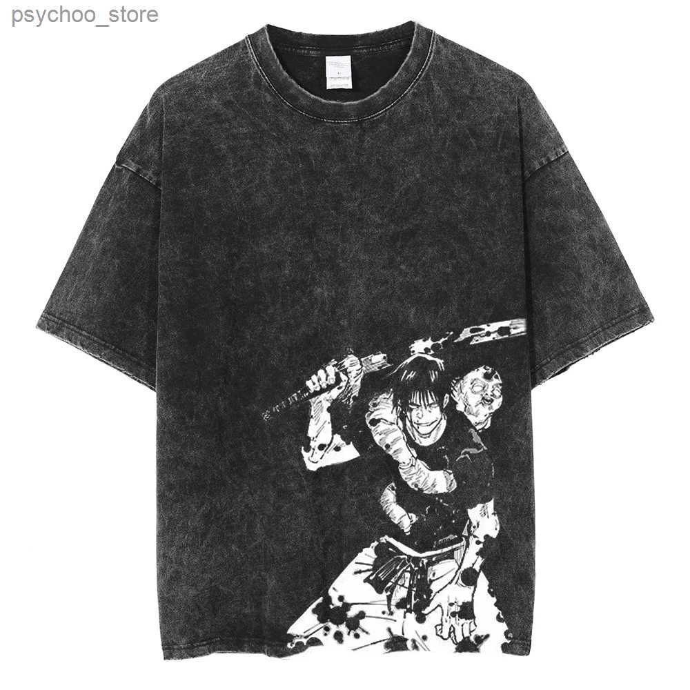 Men's T-Shirts Hip Hop Streetwear Summer Short Sleeve Vintage T-Shirt Japanese Anime Graphic Print TShirt Men Harajuku Casual Loose Washed Tees Q240625