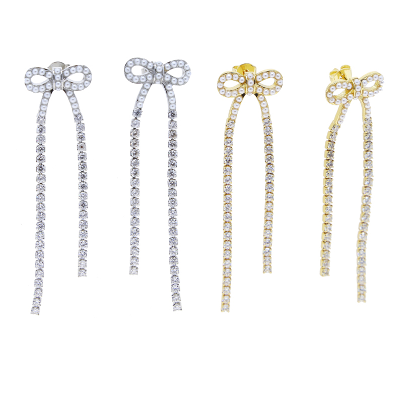 2024 Trendy Pearl Cubic Zirconia Paved Bowknot Tassel Earrings: Chic Long Tennis Chain Drop Earring Set
