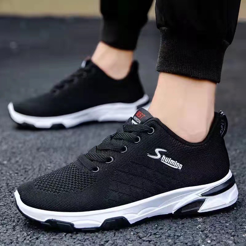 Casual Korean Men's Students Sneakers Soft Sole Lightweight Flyweave Running Cloth Shoes Black