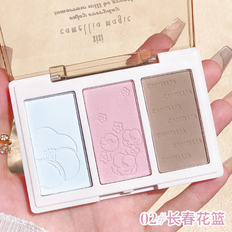 3 Colors Blush Powder Palette Face Blusher Highlighter Contour Makeup Palette Blue Face Brighten Glitter Fine Shimmer Powder 240624