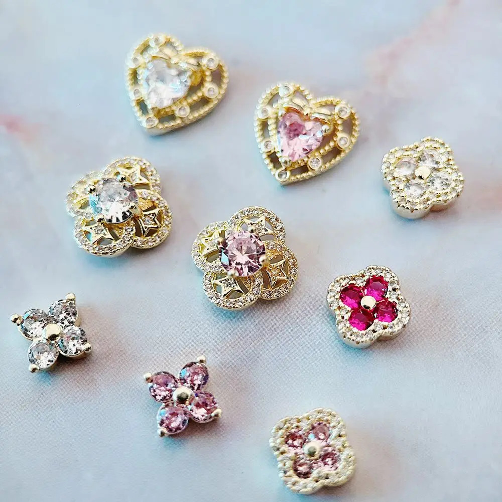 10pcslot Pink Red Love Heart Flower Alloy Nail Art Zircon Crystal Metal Manicure Nails Accesorios Supplies Decorations Charms 240624