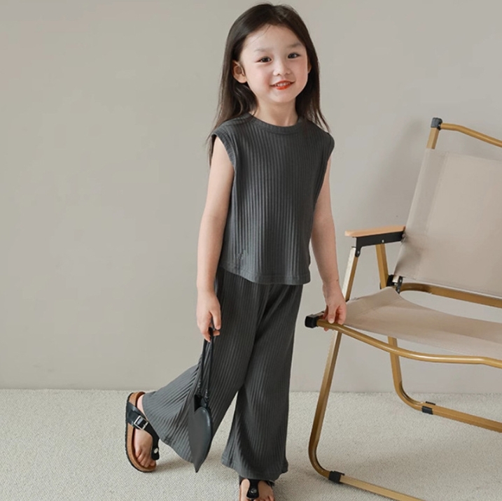Kids Girl Outfits Sleeveless Girls Tops Pants 2PCS Sets Solid Colors Children Clothes Set Summer Toddler Casual Clothing 3 Colors DW6900
