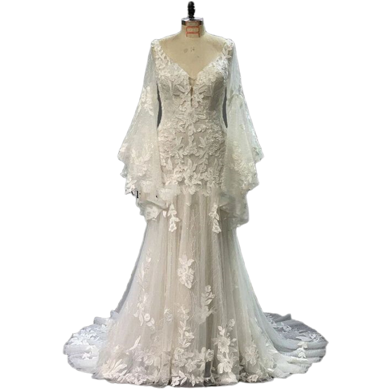 Vintage Lace Mermaid Wedding Dresses Bell Long Sleeves V-Neck Backless Boho Beach Bridal Gowns sy Ivory Vestidos De Novia