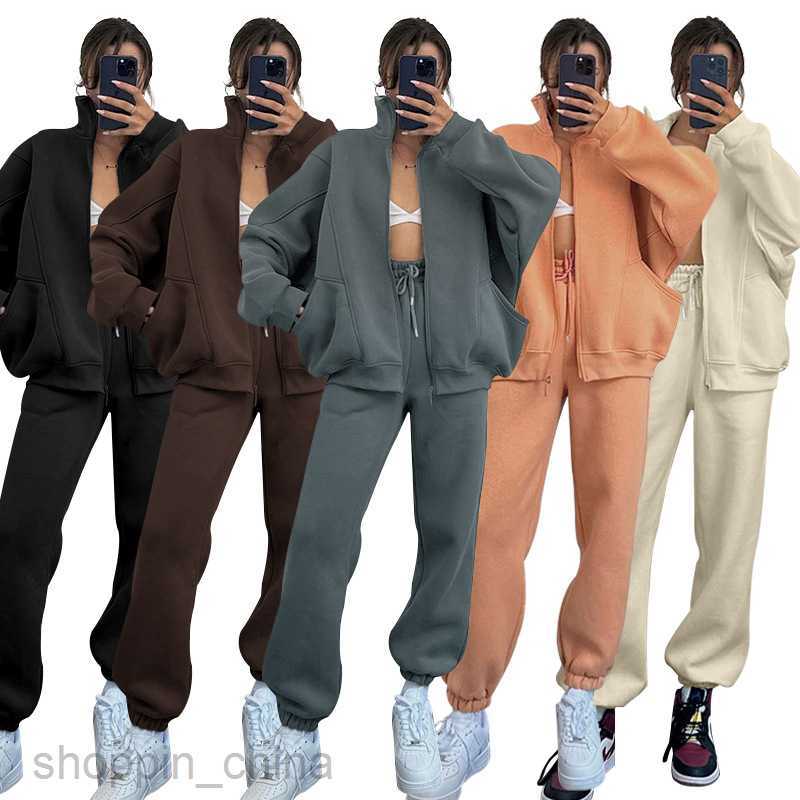 Women's Tracksuits autumn and winter solid color collar cardigan long sleeved hoodie women's fashion casual pants set Sets