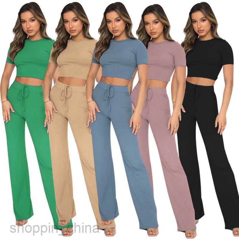 Women's Tracksuits New fashion leisure suit women's solid color high elastic body shaping short sleeve pit strip wide leg pants two-piece se