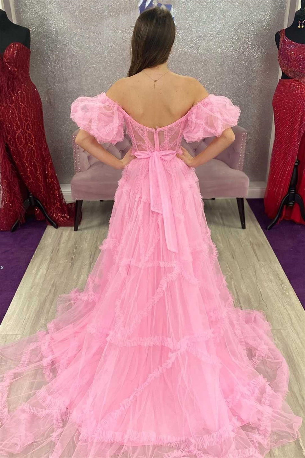 Long Prom Dresses Short Sleeve Off-the-Shoulder V-Neck Backless Tulle Ball Gown Plus Size Formal Occasion Evening Party Gown Pd26