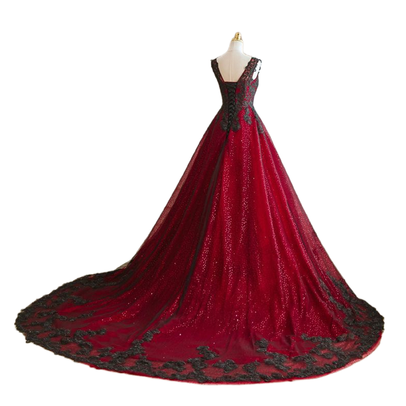 Vintage A-Line Gothic Wedding Dresses Black Lace Appliques Burgundy Sequin Tulle Long Retro Wedding Gowns Plus Size Vestido De Novia