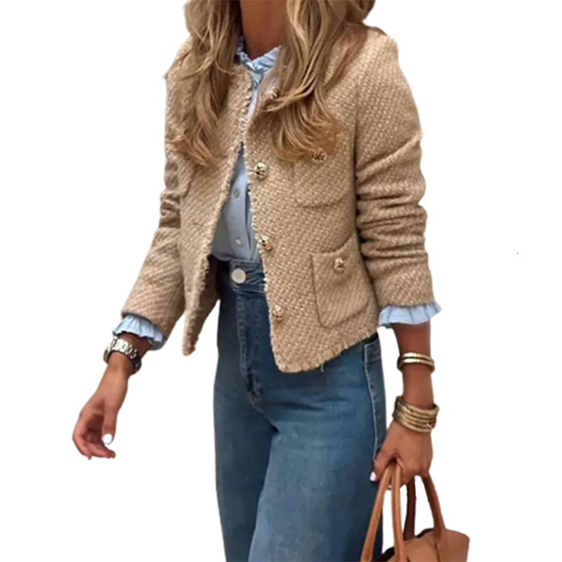 Elegant Women Camel Tweed 2024 Spring Long Sleeve Button Frayed Jacket Female Fashion O-neck Pocket Short Tassel Coats f6.25#83