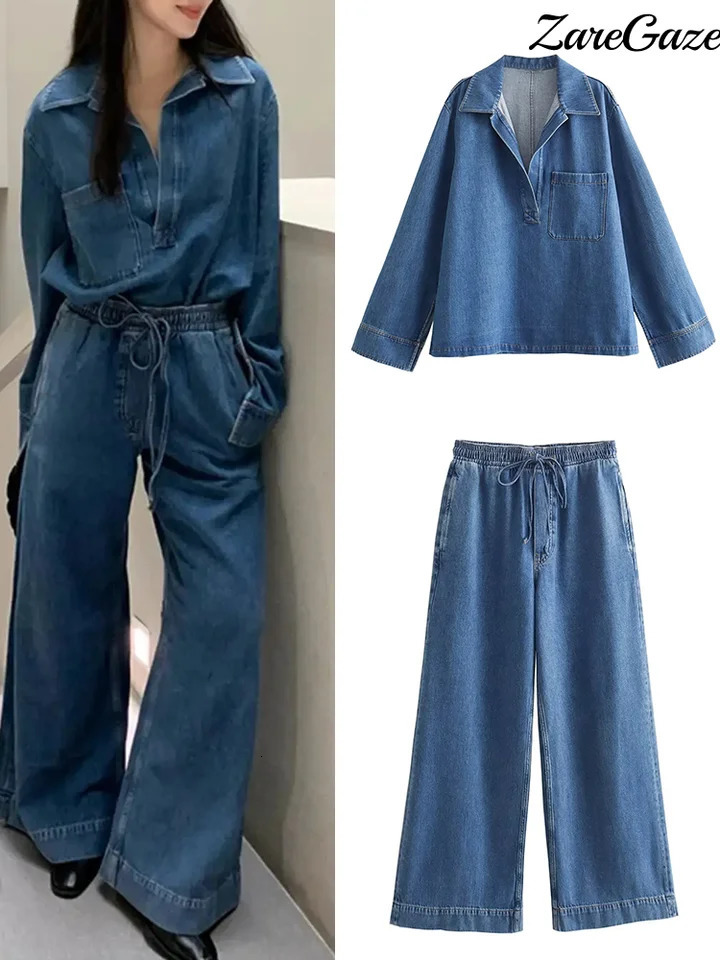 Spring Casual Denim Top Pants Sets Women Long Sleeve Turndown Collar Pullover Wide Leg Pant Female Suit Summer Lady Outfits 240618