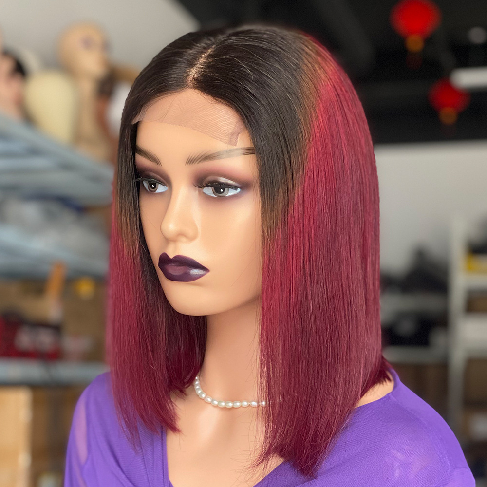 Burgundy Ombre Color Bob Wig Human Hair Straight Short 150%density Bob Lace Wigs for Black Women Brazilian Preplucked Human Hair Wigs on Sale Clearanc