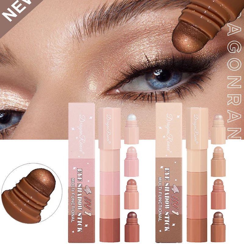 Coral Brown Mini Eye Shadow Stick 4 IN 1 Combo Pearlescent Metallic High Gloss Highlighter Multi-purpose Eyeshadow Crayon Pen 240624