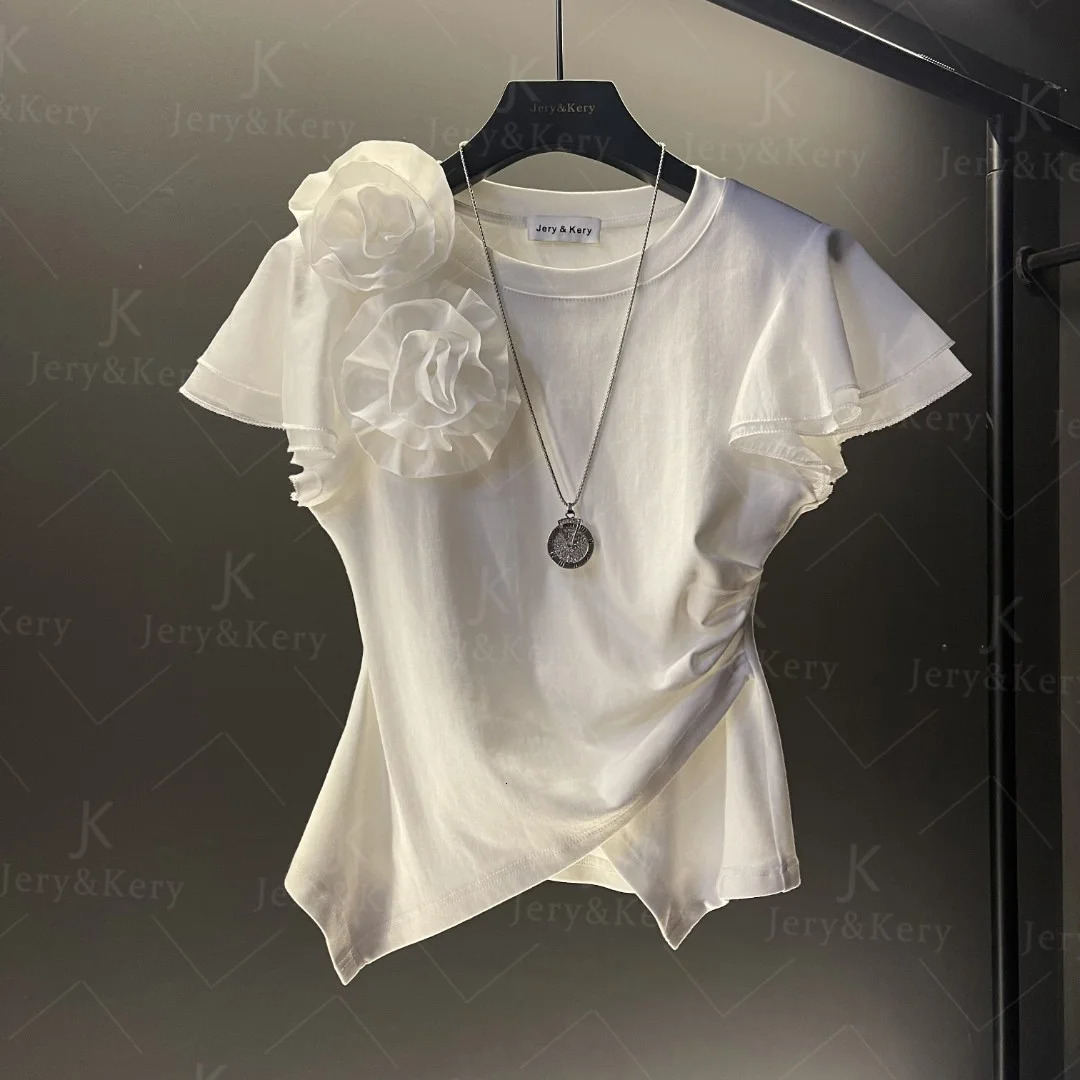 Solid Color Irregular Folded 3D Flower Short Sleeve Tshirt for Women Summer Fashion Versatile Loose White Tshirts Top 240625