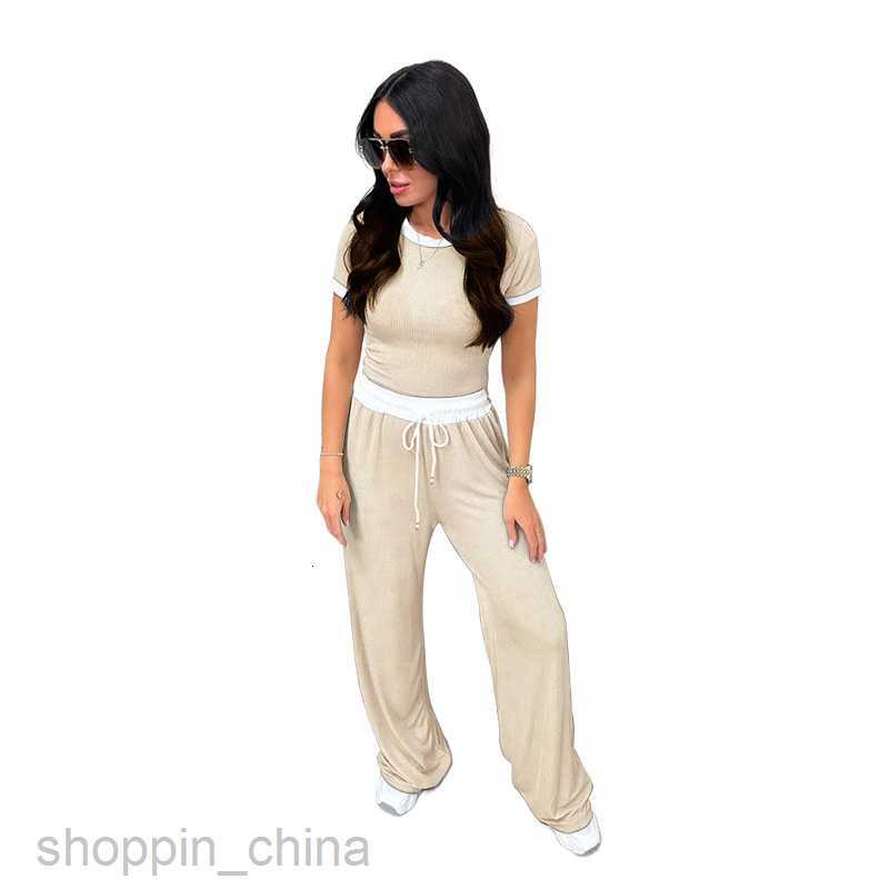 Women's Tracksuits Spring/Summer New Round Neck Contrast Short sleeved Women's Fashion Casual Wide Leg Pants Sports Set Sets