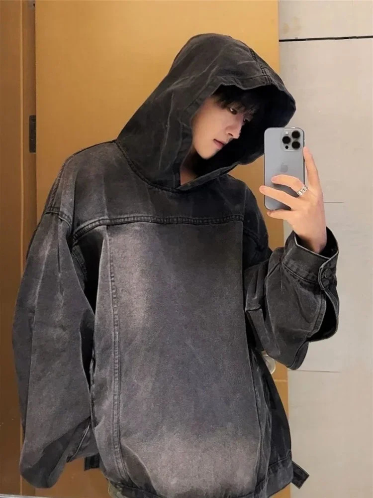 Japanese Denim Hooded Jacket Men Women Loose Casual Vintage Sweatshirt Coat High Street Washed Denim Pullover Varsity Autumn 240618