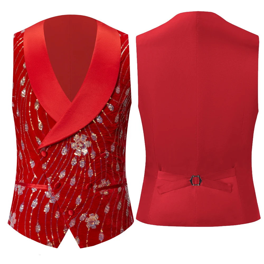 Mens Gold Shiny Sequin Suit Vest Glitter Embellished RedBlack Blazer Waistcoat Night Club Wedding Party Stage Singers Clothing 240615