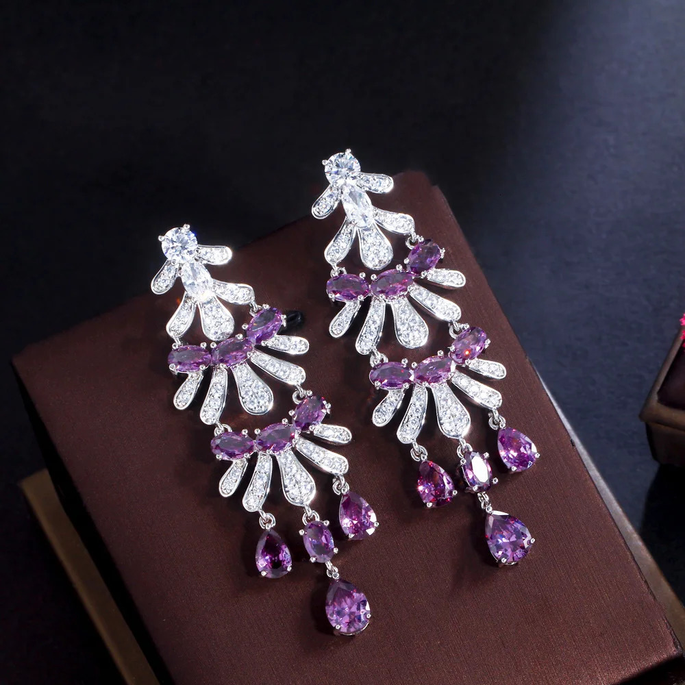 CWWZircons Royal Purple Cubic Zircon Stone Long Dangle Drop Women Engagement Wedding Party Chandelier Earrings for Brides CZ425 240625
