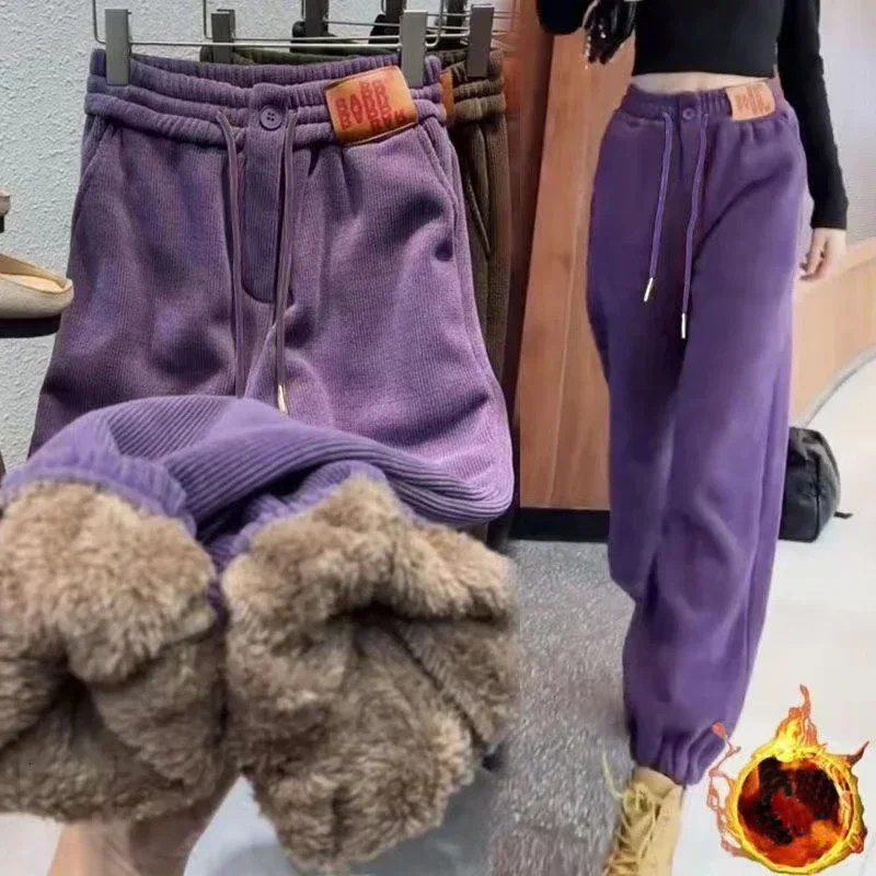 Solid Casual Thicken Women Corduroy Pants Lamb Fleece Padded Cashmere Warm Sweatpants Female Elastic Waist Soft Fur Trousers F6.25#29