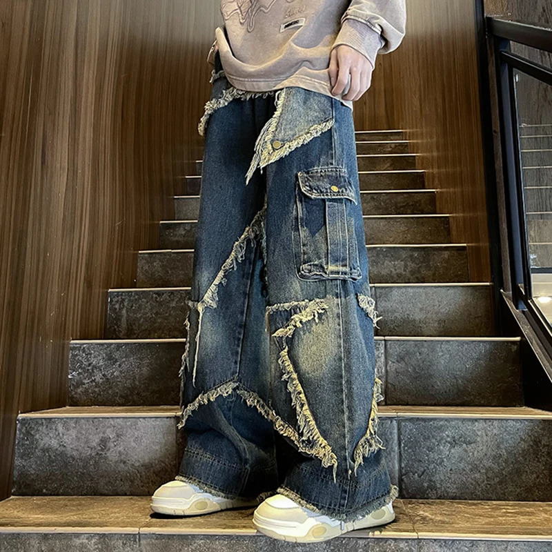 PFHQ Heavy Industry High Street Jeans Mens Autumn Original Motorcycle Fashion Straight Denim Creativity Wide Leg Pants 21Z2766 240618