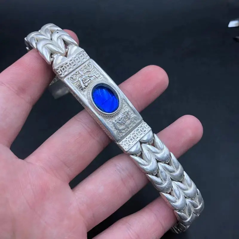 Mai ChuangTibetan Silver Ethnic Style Retro Doing Old Inlaid Gemstone Bracelet Bangle Men AndWomen Fine Jewelry Fashion Gift 240624