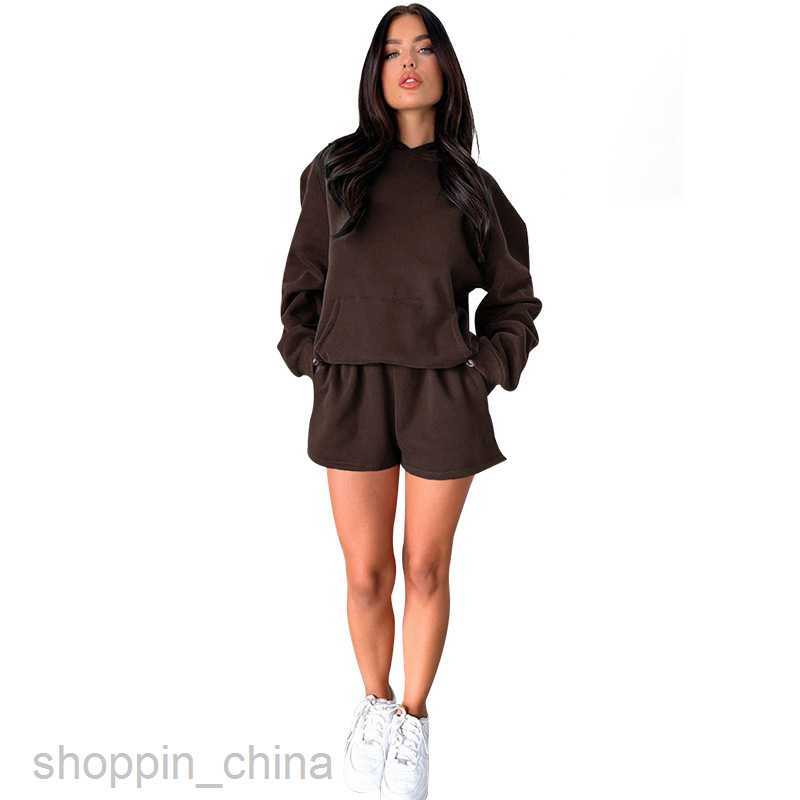 Women's Tracksuits Autumn/Winter Solid Color Long Sleeve Hooded Sweater Women's Two Piece Fashion Casual Shorts Set Sets