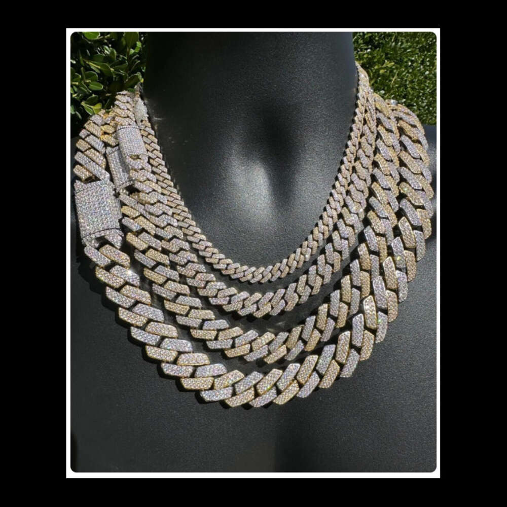 100% Premium Quality Two Tone 14k Yellow Gold Moissanite Prong Miami Cuban Link Chain Necklace Vermeil Over Solid 925 Silver
