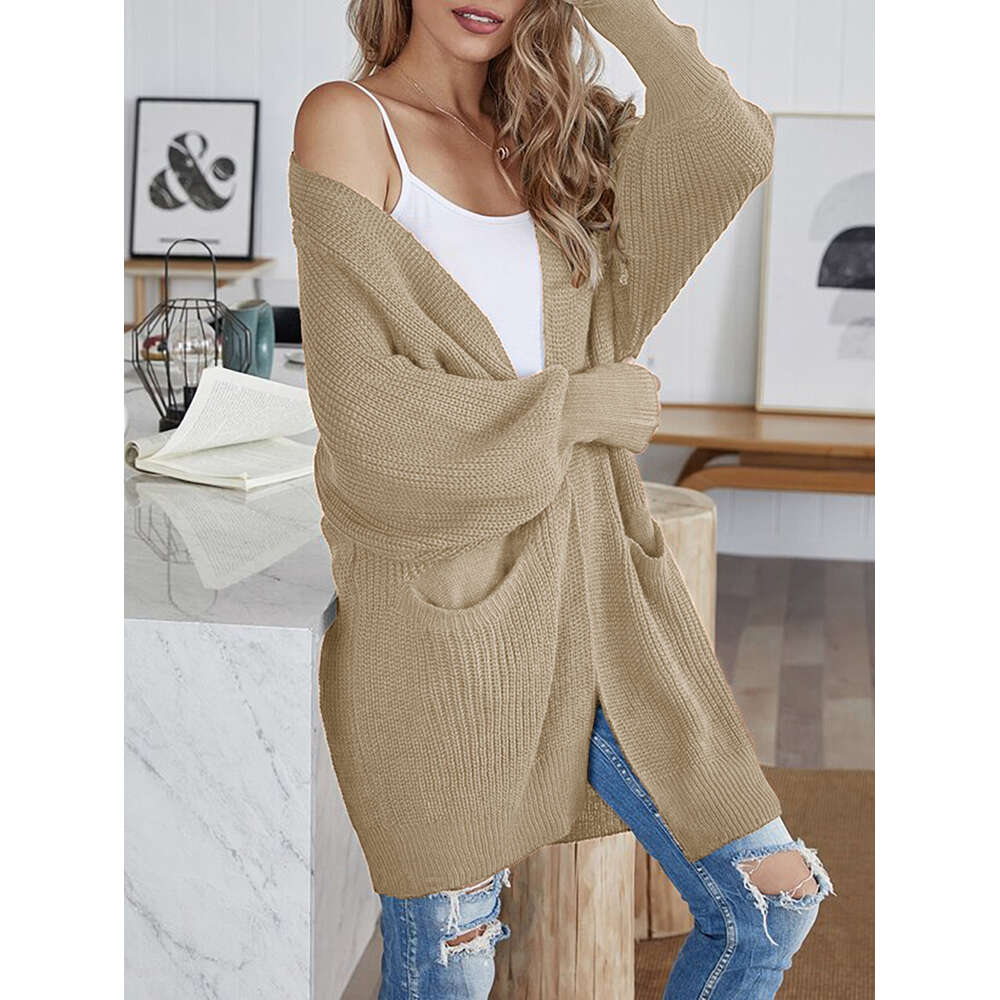 Sweater women's coarse wool line pocket knitted cardigan commuter style loose medium long coat casual F6.25#37