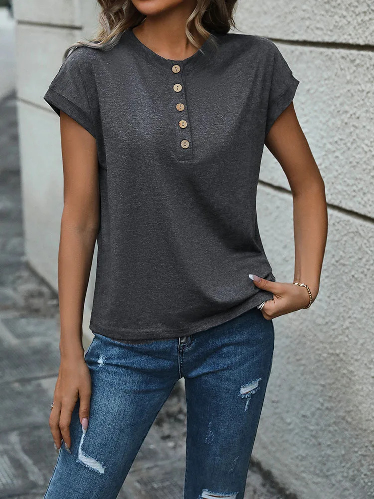 MIEGOFCE Spring and Summer Button Plain TShirt European American Womens Tops Solid Color Basic Y1200 240617