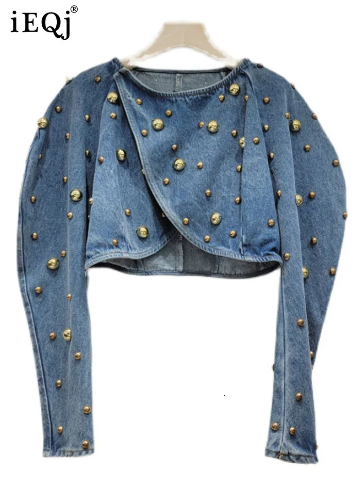 IEQJ Round Nail Rivet Bubble Sleeve Short Denim Jackets For Women Y2k High Street Sequins Coat Autumn Clothing 3WQ7344 240618