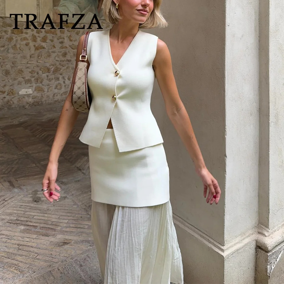 TRAFZA Spring Summer Casual Knitted Women Suit Fashion Gold Button V Neck Sleeveless VestPleat Spliced Zipper Long Skirt 240625