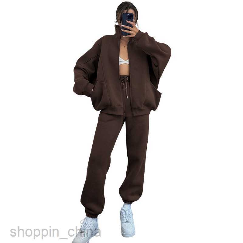 Women's Tracksuits autumn and winter solid color collar cardigan long sleeved hoodie women's fashion casual pants set Sets