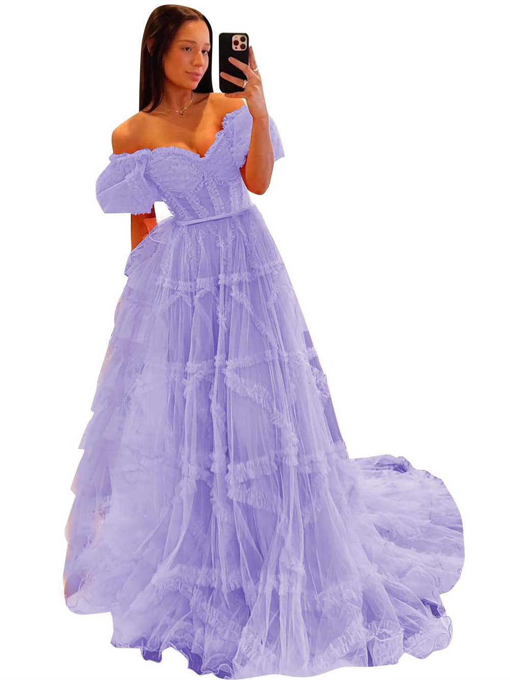 Long Prom Dresses Short Sleeve Off-the-Shoulder V-Neck Backless Tulle Ball Gown Plus Size Formal Occasion Evening Party Gown Pd26
