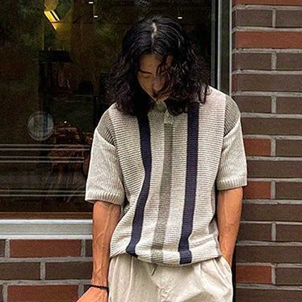 Men's Sweaters New Mens Polo Shirt 2024 Summer Striped Short Sleeve Sleeves T-shirt Casual T-shirt Top Ts Polo Shirt Mens Fashion Knitted Pullove