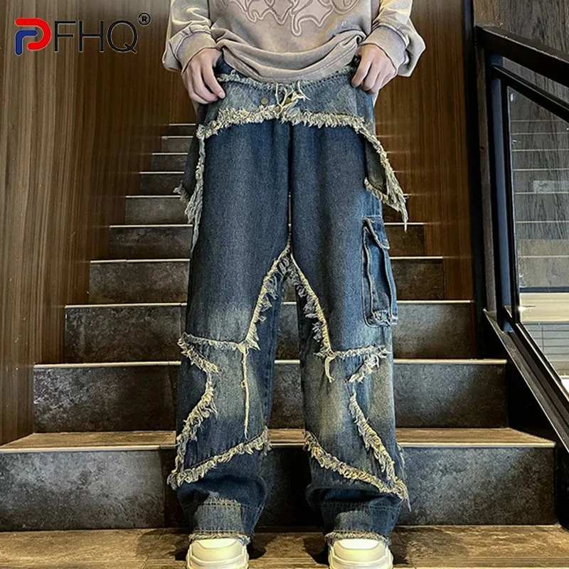 PFHQ Heavy Industry High Street Jeans Mens Autumn Original Motorcycle Fashion Straight Denim Creativity Wide Leg Pants 21Z2766 240618