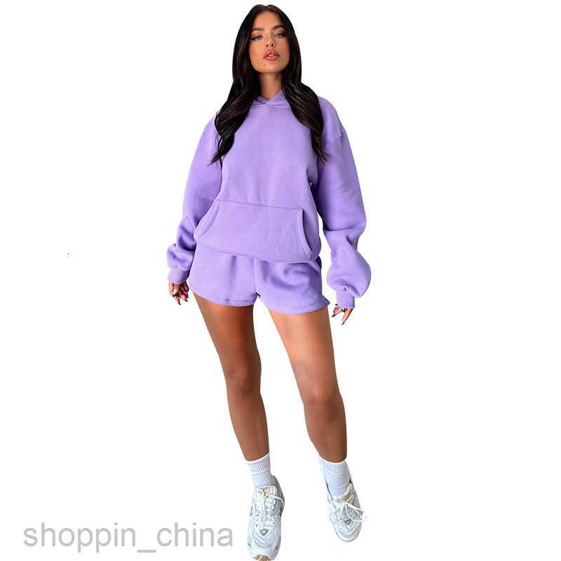 Women's Tracksuits Autumn/Winter Solid Color Long Sleeve Hooded Sweater Women's Two Piece Fashion Casual Shorts Set Sets