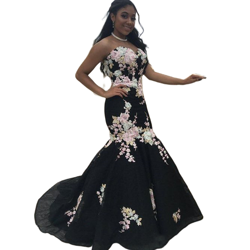 Strapless Black Mermaid Prom Dresses With Pink Floral Lace Appliques Sweetheart Neck Sleeveless Long Satin Elegant Evening Gowns Graduation Special Oc