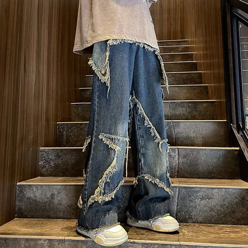 PFHQ Heavy Industry High Street Jeans Mens Autumn Original Motorcycle Fashion Straight Denim Creativity Wide Leg Pants 21Z2766 240618
