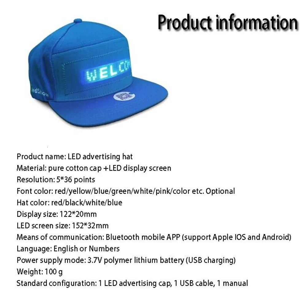 Unisex Baseball Cap USB Rechargeable Bluetooth APP Programmable LED Scrolling Message Display Board Hip Hop Street Hat 240530