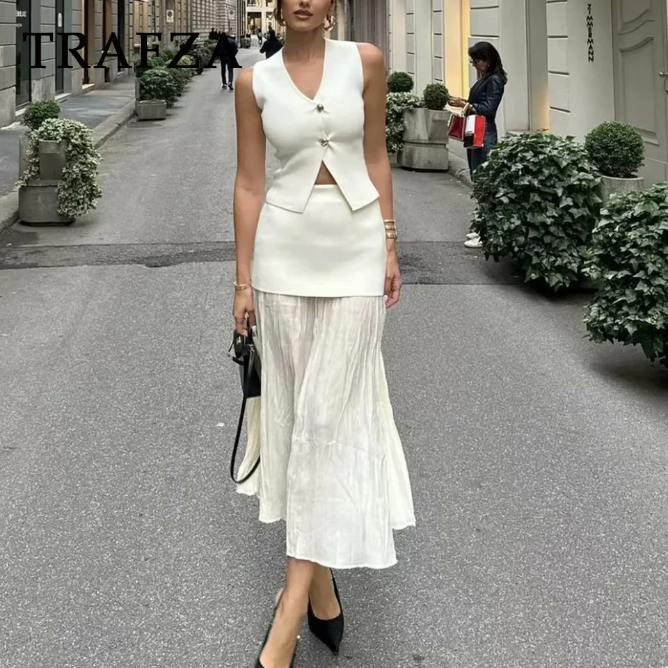 TRAFZA Spring Summer Casual Knitted Women Suit Fashion Gold Button V Neck Sleeveless VestPleat Spliced Zipper Long Skirt 240625